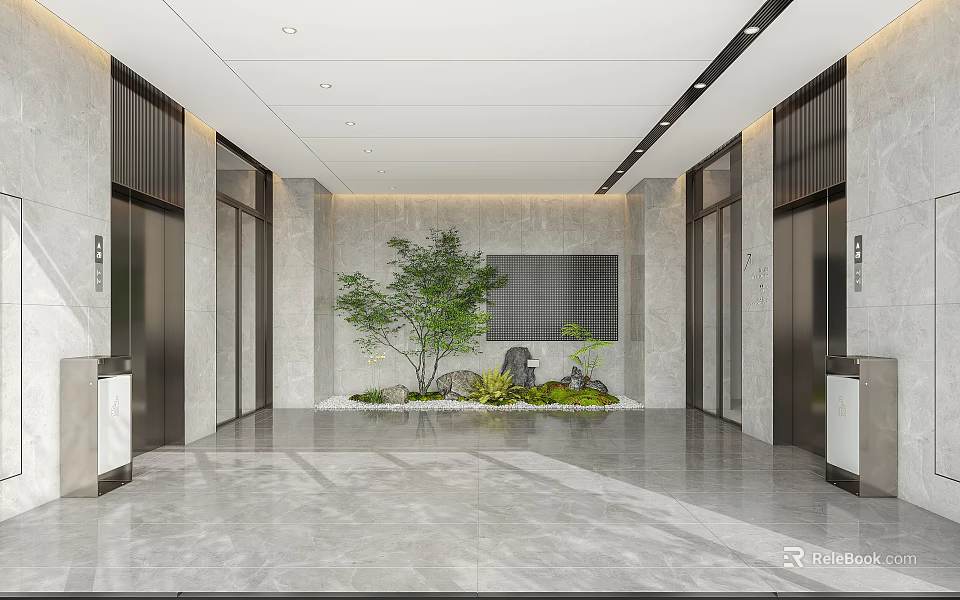 Modern Elevator Lobby Interior With Stone Walls Green Plants And Marble Flooring 3d model 