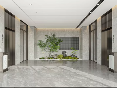 Modern Elevator Lobby Interior With Stone Walls Green Plants And Marble Flooring 3d model