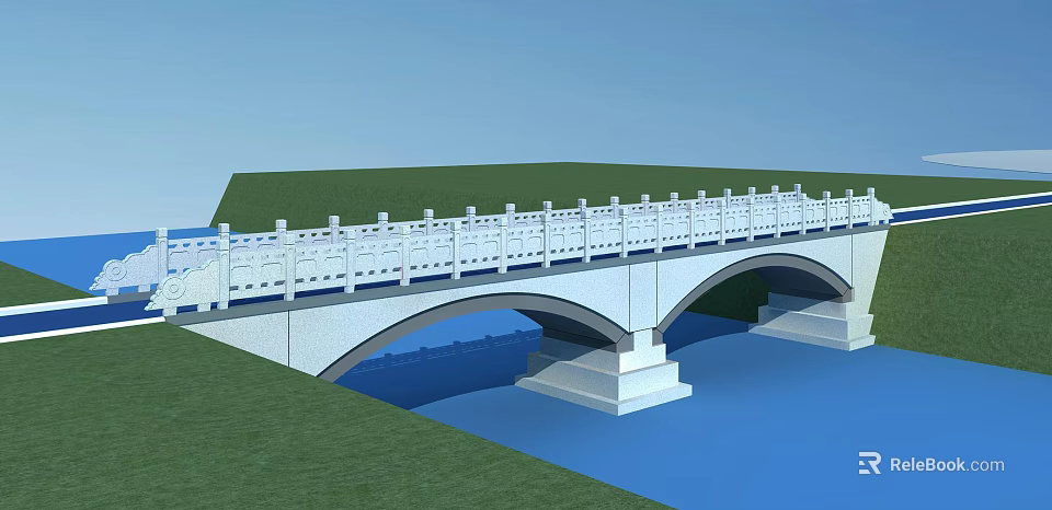 Arch Bridge With White Railings Surrounded By Green Grass And Blue Water Surface 3d model 