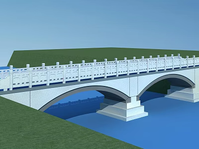 Arch Bridge With White Railings Surrounded By Green Grass And Blue Water Surface 3d model