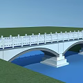 Arch Bridge With White Railings Surrounded By Green Grass And Blue Water Surface