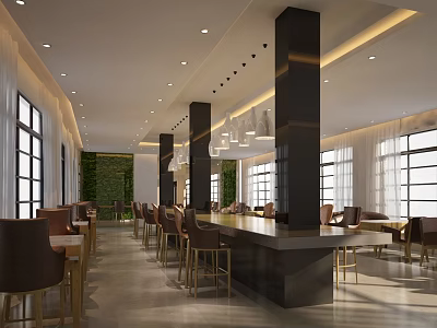 Elegant Restaurant Interior Design With Large Windows Green Plant Wall Black Pillars And Brown Chairs 3d model