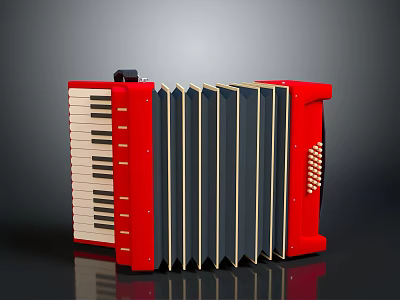 Red Accordion Musical Instrument With Piano Keyboard And Black Bellows 3d model