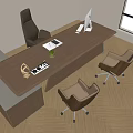 Modern Wooden Office Desk With Computer Monitor Keyboard Green Plant And Leather Office Chairs