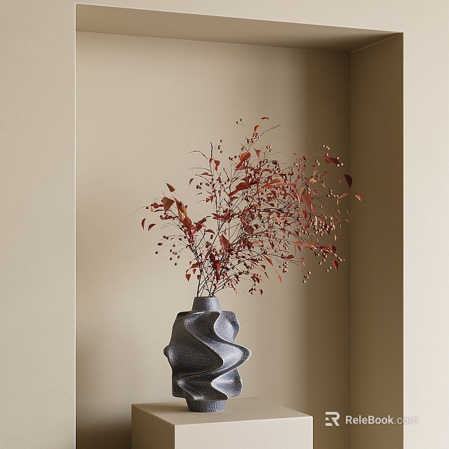 Gray Spiral Textured Vase with Red Branches and Leaves Against Beige Wall Modern Minimalist Decor 3d model 