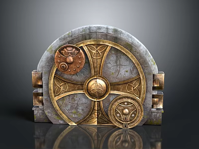 Intricate Ancient Stone Gate With Golden Gears And Ornate Metallic Decorations 3d model