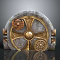 Intricate Ancient Stone Gate With Golden Gears And Ornate Metallic Decorations 3d model