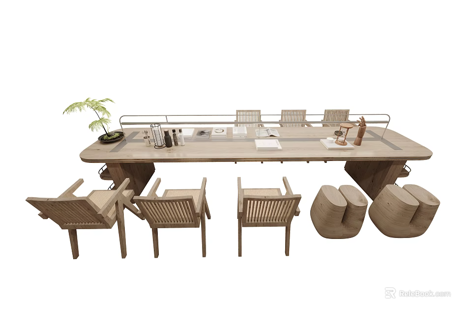 Natural Wooden Tea Table and Chairs with Potted Plant Tea Sets and Simple Accessories 3d model 