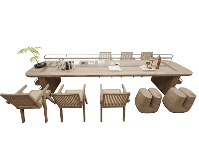 Natural Wooden Tea Table and Chairs with Potted Plant Tea Sets and Simple Accessories 3d model