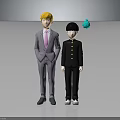 Blonde Hair Character in Gray Suit and Black Uniform Boy Standing with Blue Small Creature