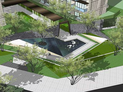Serene Garden Landscape Design With Central Water Pool Lush Trees And Stone Pathway 3d model