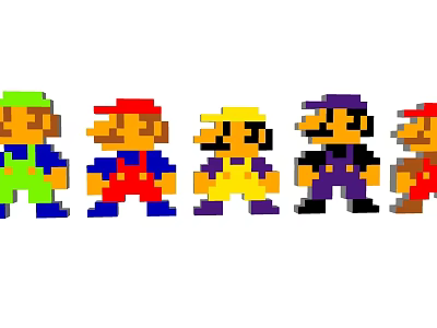 Group of Retro Pixel Art Characters Wearing Colorful Overalls And Hats 3d model