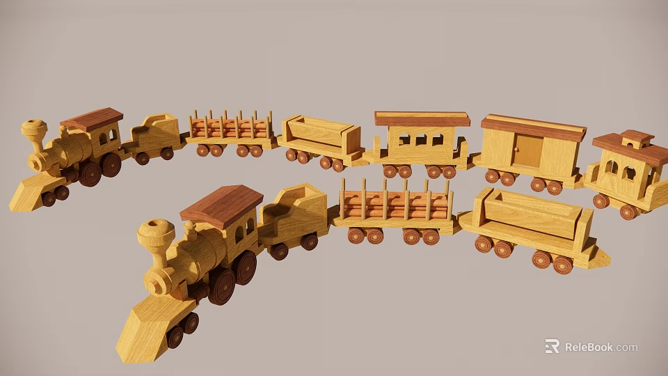 Wooden Toy Train with Engine Carriages and Wooden Wheels for Play 3d model 
