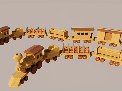 Wooden Toy Train with Engine Carriages and Wooden Wheels for Play 3d model