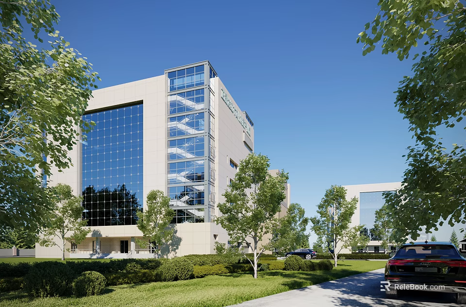 Modern Office Building With Glass Curtain Walls Green Lawn And Surrounding Trees 3d model 