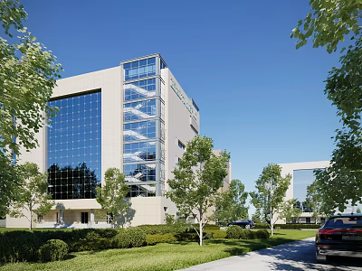 Modern Office Building With Glass Curtain Walls Green Lawn And Surrounding Trees 3d model