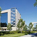 Modern Office Building With Glass Curtain Walls Green Lawn And Surrounding Trees