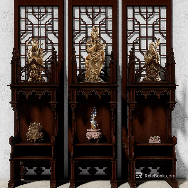 Traditional Wooden Buddhist Shrine Cabinet With Carved Panels And Buddha Statues On Shelves 3d model 