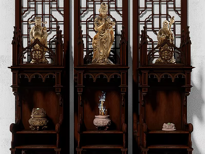 Traditional Wooden Buddhist Shrine Cabinet With Carved Panels And Buddha Statues On Shelves 3d model