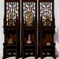 Traditional Wooden Buddhist Shrine Cabinet With Carved Panels And Buddha Statues On Shelves