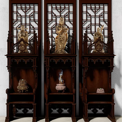 Traditional Wooden Buddhist Shrine Cabinet With Carved Panels And Buddha Statues On Shelves 3d model