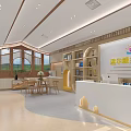 Warm Kindergarten Interior Design With Wooden Windows Bookshelves Front Desk And Bright Atmosphere