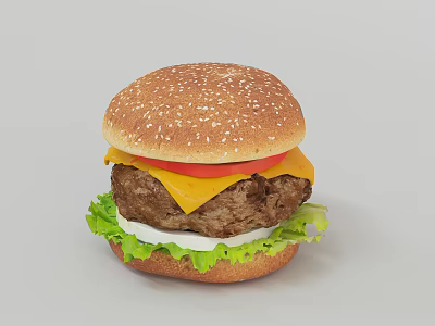Juicy Beef Burger With Sesame Seed Bun Cheese Tomato And Lettuce 3d model