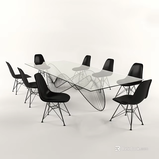 Modern Office Desk With Glass Top Black Chairs And Metal Frame 3d model 