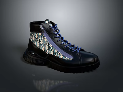 Black Leather High Top Boots With Blue Laces Patterned Panel And Thick Sole 3d model