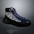 Black Leather High Top Boots With Blue Laces Patterned Panel And Thick Sole