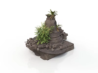 Modern Stone Decorative Sculpture Featuring Green Plants and Natural Rock Design 3d model