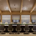 Modern Conference Room Interior With Wooden Ceiling Long Meeting Table Chairs And Window Blinds