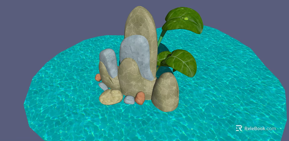 Clear Blue Water Scene With Various Smooth Rocks And Large Green Leaves 3d model 