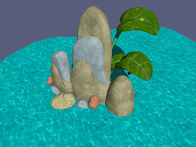 Clear Blue Water Scene With Various Smooth Rocks And Large Green Leaves 3d model