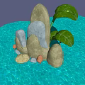 Clear Blue Water Scene With Various Smooth Rocks And Large Green Leaves