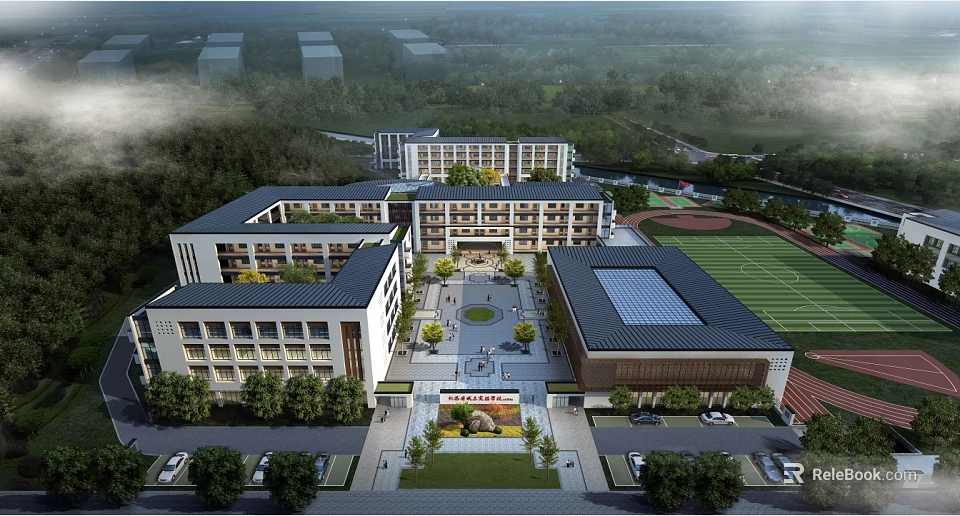 Modern Multi Story School Building With Central Courtyard Sports Field And Greenery 3d model 