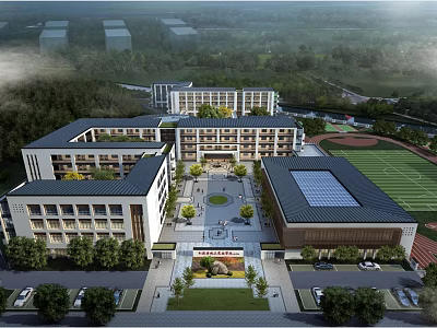 Modern Multi Story School Building With Central Courtyard Sports Field And Greenery 3d model