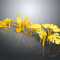 Cartoon Style Yellow Decorative Plants With Leaves Mushrooms And Dark Background Reflection