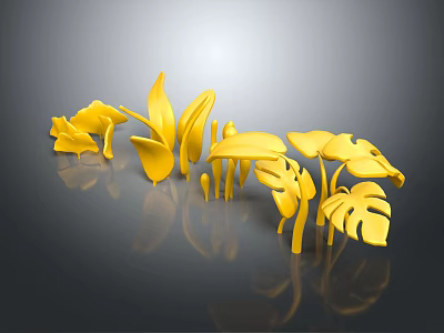 Cartoon Style Yellow Decorative Plants With Leaves Mushrooms And Dark Background Reflection 3d model