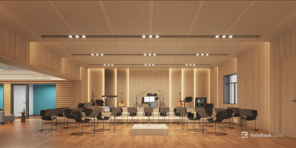 Bright Music Rehearsal Room Interior With Wooden Ceiling Walls Arranged Chairs Guitars Drums And Keyboard 3d model 