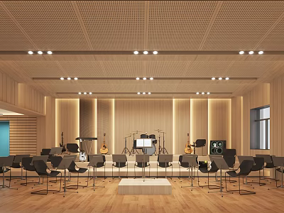 Bright Music Rehearsal Room Interior With Wooden Ceiling Walls Arranged Chairs Guitars Drums And Keyboard 3d model