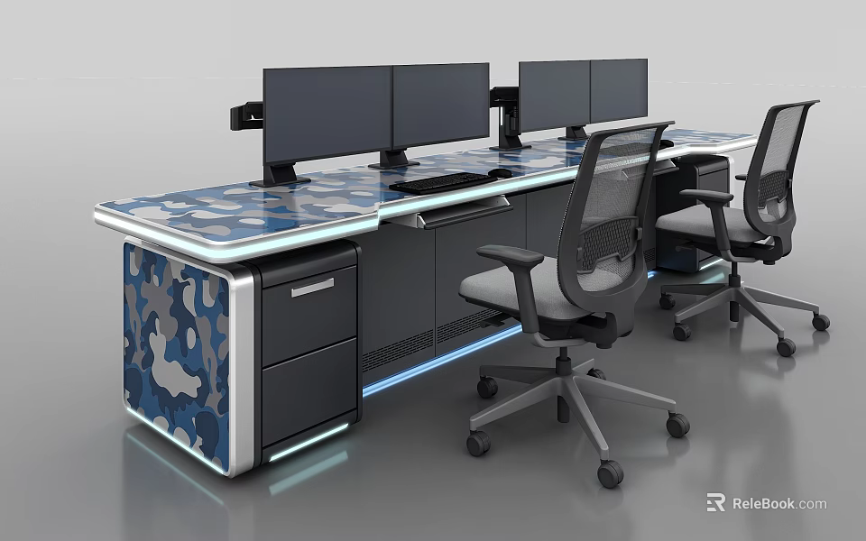 Functional Desk With Multiple Monitors Ergonomic Chairs Camouflage Pattern Drawers And LED Lights 3d model 