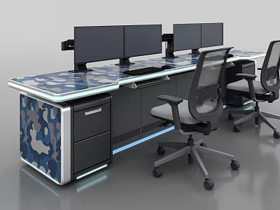 Functional Desk With Multiple Monitors Ergonomic Chairs Camouflage Pattern Drawers And LED Lights 3d model