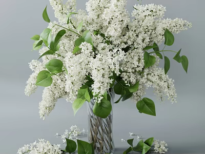White Lilac Flowers Arrangement in Transparent Textured Vase with Green Leaves and Scattered Blooms 3d model