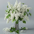White Lilac Flowers Arrangement in Transparent Textured Vase with Green Leaves and Scattered Blooms