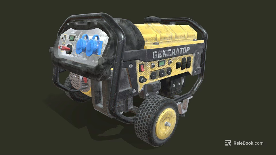 Yellow And Black Portable Generator With Wheels And Control Panel Design 3d model 
