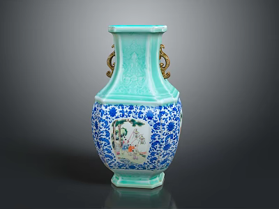 Furniture Decorative Vase With Blue White Patterns And Gold Handles 3d model