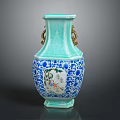 Furniture Decorative Vase With Blue White Patterns And Gold Handles