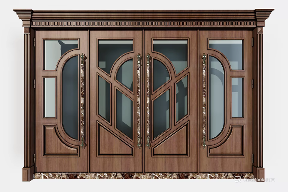 Elegant Wooden Double Doors With Glass Panels And Ornate Metal Handles 3d model 