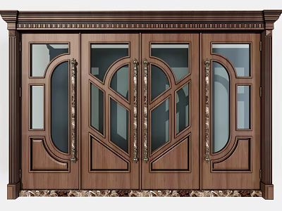 Elegant Wooden Double Doors With Glass Panels And Ornate Metal Handles 3d model